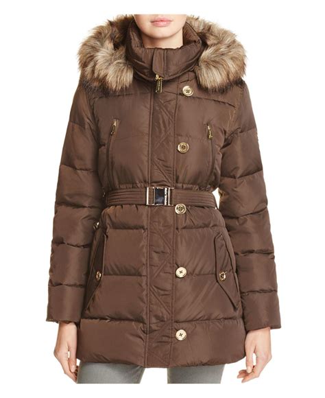 faux fur trim belted parka michael kors|michael kors fur coat.